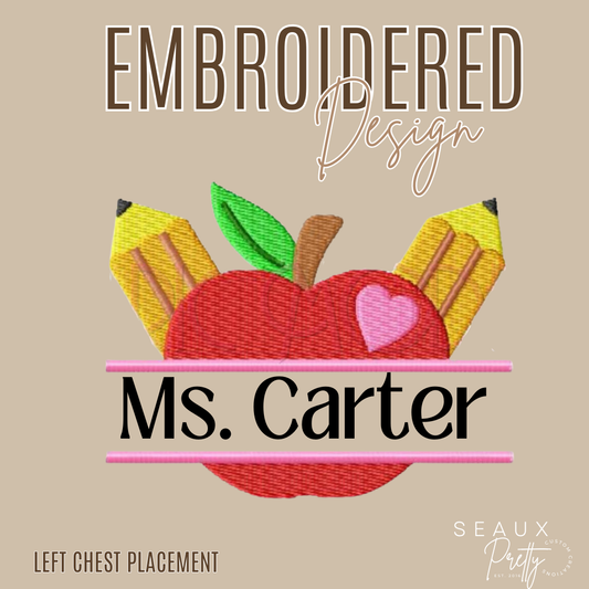 Split Apple w/pencils Embroidered Design