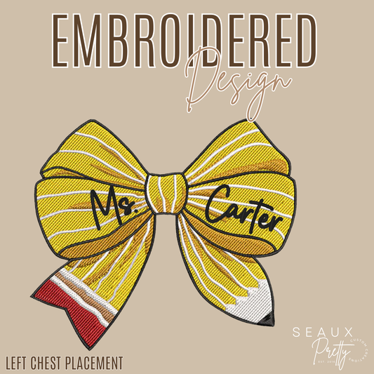 Pencil Bow w/name Embroidered Design