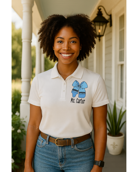 Teacher Crayon Bow Embroidered Design w/Name