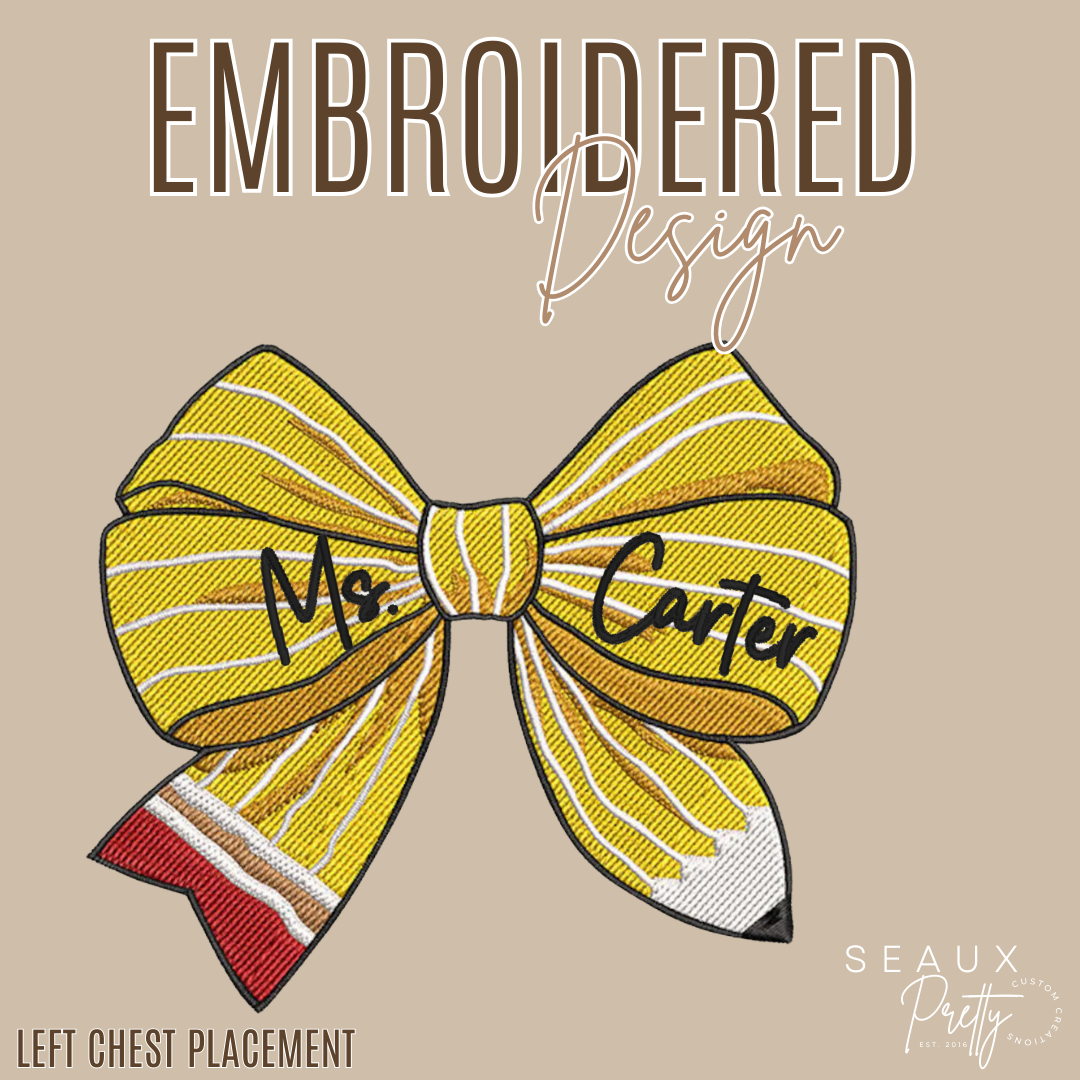 Pencil Bow w/name Embroidered Design